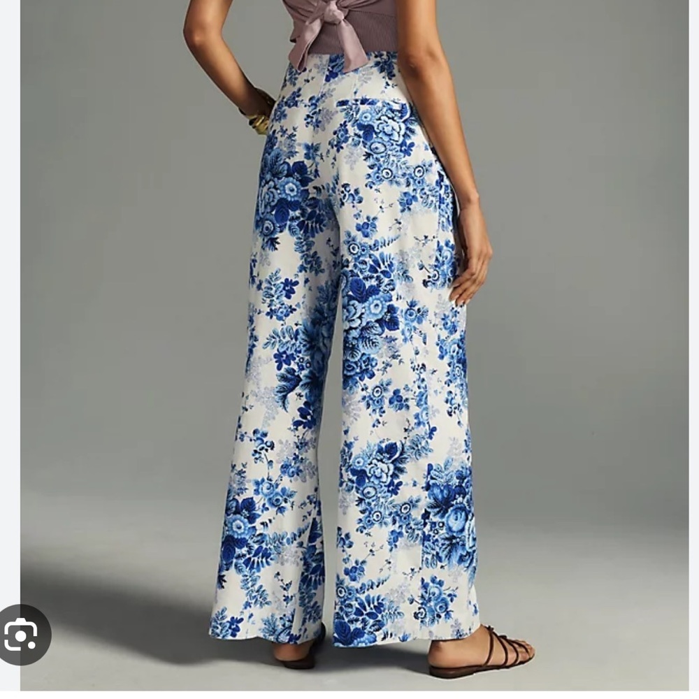 Anthropologie White & Blue Floral Wide-Leg Pants